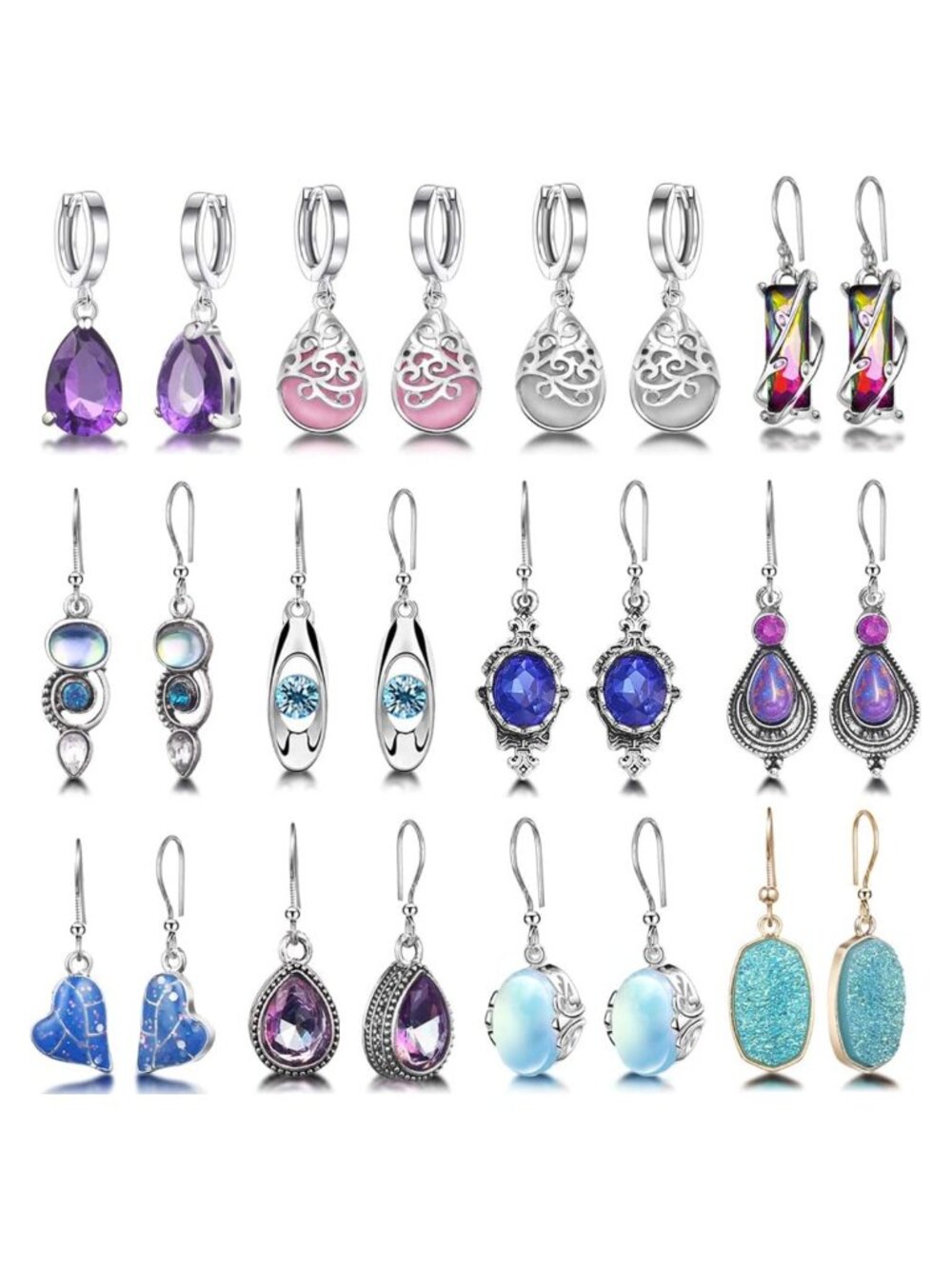 12 Pairs Teardrop Crystal Drop Dangle Huggie Hoop Earrings Jewelry Set